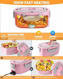 Lonchera Eléctrica - Fiambrera eléctrica de 60 a 80 W para adultos, calentador de alimentos portátil para coche, camión, trabajo, con tenedor y cuchara de acero inoxidable (Gray) - Rosa - Ver 6