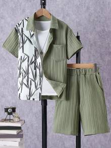 2pcs Boys' Casual Patchwork Pattern Pocket Shirt And Solid Color Shorts Set, Spring/Summer - Army Green - View 1