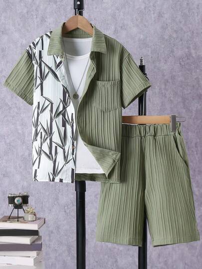 Conjunto de 2 piezas de camisa con bolsillo y pantalones cortos de unicolor con diseño de patchwork para niños, para primavera/verano