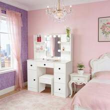 Large Dressing Table W/ 10 LED Lighted Mirror Lady Vanity Makeup Desk Stool Set - 白色 - 查看 3