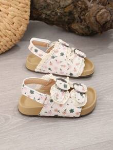 1 Pair Ballet Style Girls Sandals, New Summer Kids Ditsy Floral Toddler Open Toe Beach Shoes, Princess Shoes - Beige - View 5