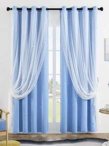 1pc Hollow Star Double Layer Voile Curtain, Top Grommet Curtain With Cute Perforated Star Design, Sheer Curtain For Bedroom, Living Room, Themed Room And Holiday Party Decor - 藍色 - 查看 3