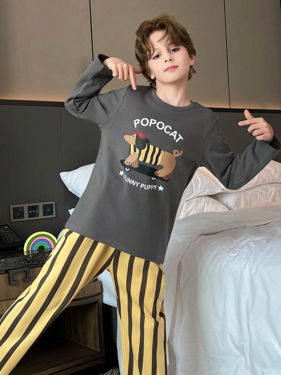 2pcs/Set Tween Boys Cartoon Puppy Print Crew Neck Long Sleeve Striped Autumn Wear, Soft Knit Fabric Children Casual Home Sleepwear - Black - View 1
