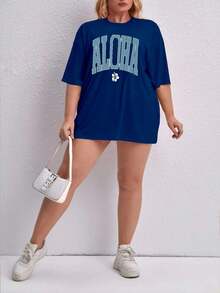 Oversized Printed Aloha Flower T-Shirt, Summer/Spring Short Sleeve Blouse, Lightweight Gym Wear - Royal Blue - View 4
