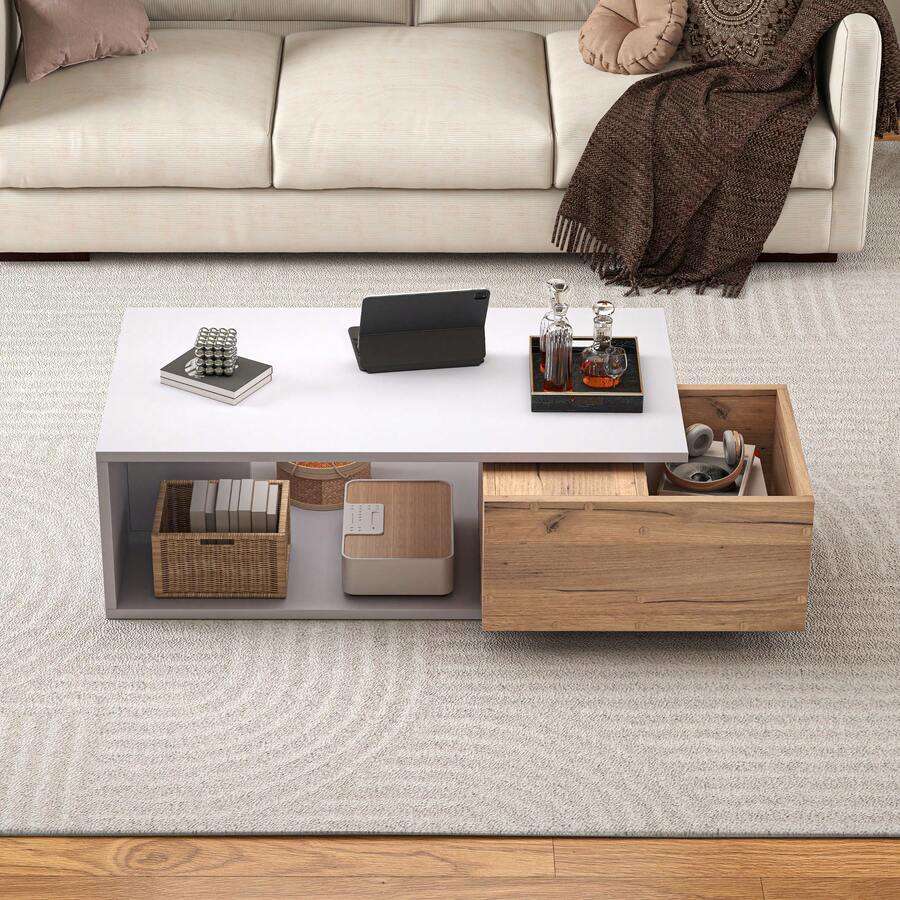 Coffee Table 90 X 50 X 30 Cm, 360° Swivel Drawer, Coffee Table With 1 Drawer, High-Gloss Lacquered Living Room Table With Open Storage Space, Side Table, White And Wood Finish
