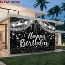 1pc Black & Silver Happy Birthday Banner, Made Of Polyester, Birthday Photography Backdrop, Silver Glitter Birthday Party Decorative Banner, Photography Studio Props, Photography Background Foot Decor Props, Party Photography Backdrop, Indoor & Outdoor Decor