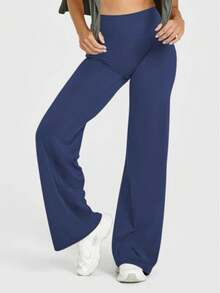 1pc Women's High Waist Straight Leg Loose Pants, Casual Workout Yoga Leggings, Tummy Control, Suitable For Spring, Summer, Autumn - 藏蓝色 - 查看 2