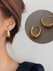 1pair Korean Fashionable & Minimalist Gold-Plated Small Peanut Shaped Earrings Suitable For Daily Wear, Parties, As A Gift For Valentine's Day,Mom,Mother,Mother's Day,Gift - 金色 - 查看 3