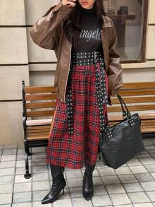 女士优雅Y2K纯红色格子A字裙，休闲中长格子裙，适合派对、通勤、新年、情人节等场合 - 彩色 - 查看 6