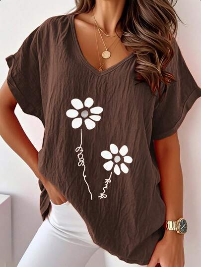 Plus Size Women's Printed T-Shirt, Linen V-Neck Batwing Sleeve T-Shirt - Loose Casual Top, Suitable For Spring And Summer