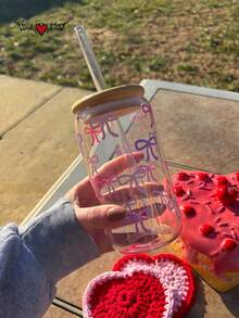 1 Set/With Lid & Straw Purple Bow Iced Coffee Glass Straw Cup, Cold Drink Juice Straw Cup, Hot Drink Straw Cup, Outdoor Travel Large Capacity Water Bottle, Exquisite Cute Milk Tea Cup, High Quality Juice Cup, High Temperature Baked Printed Design Won't Peel Off, Machine Washable - Best Gift Choice - Multicolor - View 2