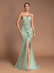 Mint Green Sequin Mermaid Evening Gown: 3D Floral Ruffle Hem Luxury Prom Dress 2026, Sexy High Slit Sparkling Formal Evening Gown Suitable For 15 Years Old Celebration, 16th Birthday, Spring Garden Wedding Guest, And Celebrity Style Gala Party - Mint Green - View 4