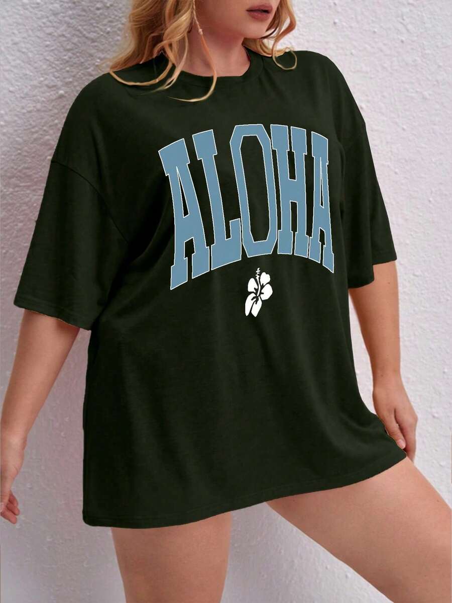 Oversized Printed Aloha Flower T-Shirt, Summer/Spring Short Sleeve Blouse, Lightweight Gym Wear - Army Green - View 1