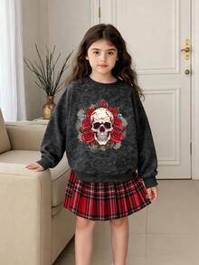 Tween Girls Rose Skull Pattern Round Neck Long Sleeve Sweatshirt, Casual Pullover, Suitable For Daily Wear - Black - View 1