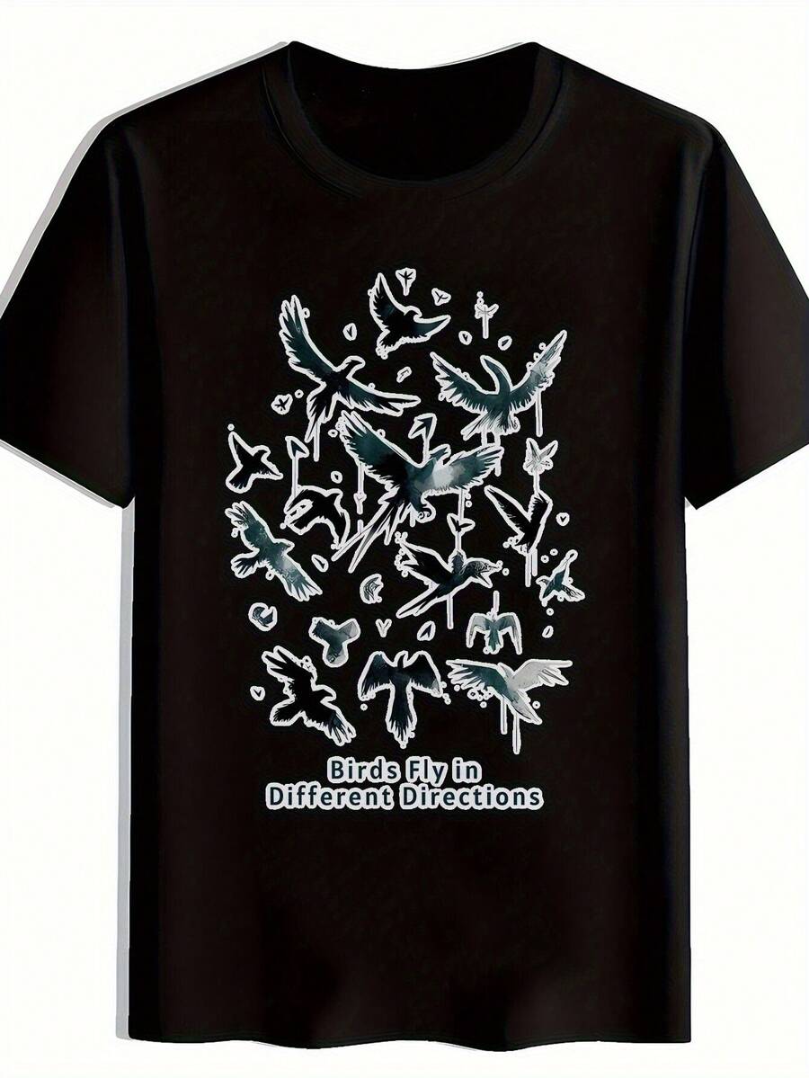 Camiseta Gráfica Vintage Negra para Hombre con Diseño de Aves en Vuelo -% Algodón Ligero; Camiseta de Manga Corta Transpirable y de Ajuste Holgado Camisa Casual de Cuello Redondo de 180gsm para Verano. Playa. Viaje ; Ropa Casual - Negro - Ver 1