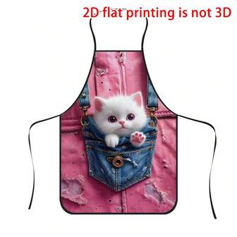 1pc Denim Pocket Cute Cat Print Apron, Durable Polyester Material, Suitable For Cooking, Barbecue, Gardening, Painting, Manicure, Unisex, Indoor And Outdoor Use