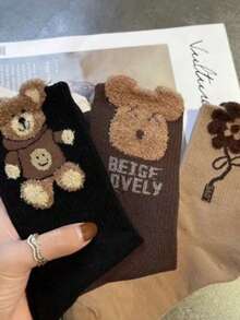 3/6/9 Pairs Random Feather & Bear Theme Knitted Blend Mid-Calf Socks, Cute & Versatile, Warm Enough To Wear Outwardly, Suitable For Autumn/Winter