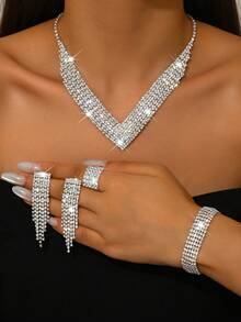 四件套：水钻V领项链+流苏耳环+手链+戒指，婚礼派对时尚首饰套装 - 彩色 - 查看 7