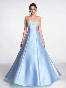 Anymoon 女士高腰长款晚礼服，胸部饰有仿珍珠水钻滚边，适合婚礼、春季派对等场合。 - 淺藍色 - 查看 4