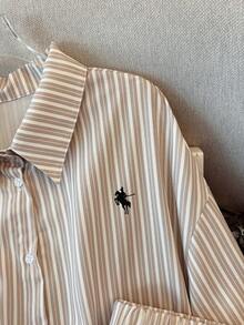 PARARAL 大码女装时尚度假条纹刺绣长袖衬衫和阔腿裤休闲两件套，女士度假装，女士春季休闲套装，女士杏色条纹套装，女士夏季日常优雅穿着 - 杏色 - 查看 5