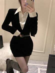 Vestidos elegantes para dama Falso dos piezas de imitación formal negro cintura delgada otoño y el invierno puro deseo viento falda corta picante paquete chica vestidos de cadera - Negro - Ver 5