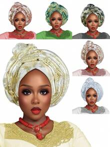 1pc Fashion African Autogele Headtie Nigeria Women Head Wraps Already Made Wedding Geles (Red) Hair Sleep Cap - Multicolor - View 1