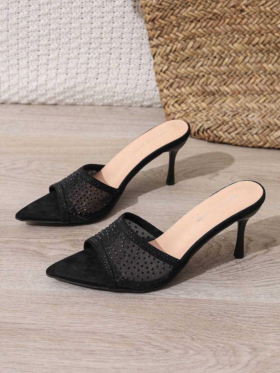 Women's Elegant Mesh Fabric Breathable Black Rhinestone Pointed Toe High Heel Sandals, Versatile Fashion Minimalist Summer New Stiletto High Heel Slippers, Suitable For Party, Office And Daily Wear - Black - View 1
