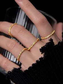 1-5pcs Gold Shiny Gypsophila Ring Set, Women Sparkling Adjustable Closed Super Glitter Chain Rings - Gold - View 4