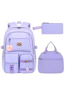 1 Set Solid Color (Plush Pendant + Detachable Hook And Loop*2) Backpack Combo Set, Suitable For Outings And Work, Dual Zipper Design, Can Carry Laptop, Large Capacity, Back To School Gift - Multicolor - View 13