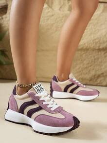 Women's Low-Top Platform Sneakers, Lace-Up Round Toe, Casual Style, Shock-Absorbing Rubber Sole, All-Season, Faux Leather & Fabric Upper, Suitable For Jeans, Dresses And Office Wear - Purple - View 4