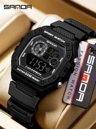 SANDA Reloj electrónico de moda para hombre, reloj deportivo multifuncional resistente al agua, LED luminoso, pantalla única, pequeño y cuadrado