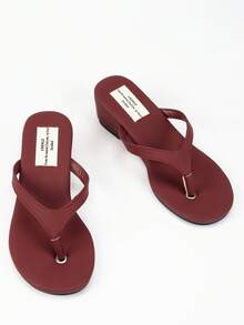 Women's French Round Toe Wedge Thong Sandals, Wine Red, Suitable For Beach, Resort, Travel, Fashion Minimalist Style, Plus Size, Versatile With Dresses And Pants - Burgundy - View 5