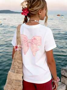 少女学生休闲印花白色圆领短袖T恤，夏季上衣 - 白色 - 查看 8