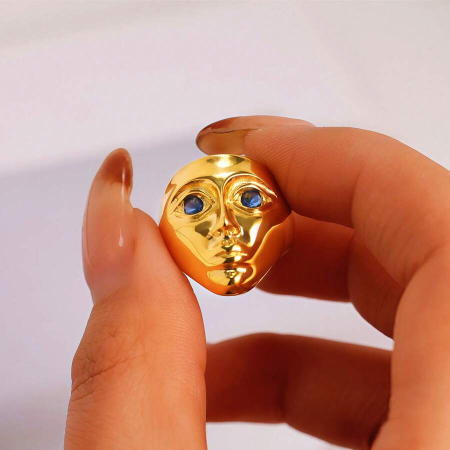VKHK 1 pieza Anillo con diseño de cara chapado en oro de 18K de acero inoxidable, adecuado para uso diario y de fiesta de mujeres, regalo - anillo - Ver 1