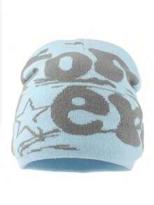 Korean Style Women's Knit Hat, Jacquard Letter Pattern, Fashionable Skull Cap, Street Style Beanie - Blue - View 2