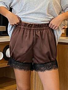 Women Shorts, Elastic Waist Lace Trim Summer Casual Shorts Streetwear For Casual Daily - màu nâu - Xem 4