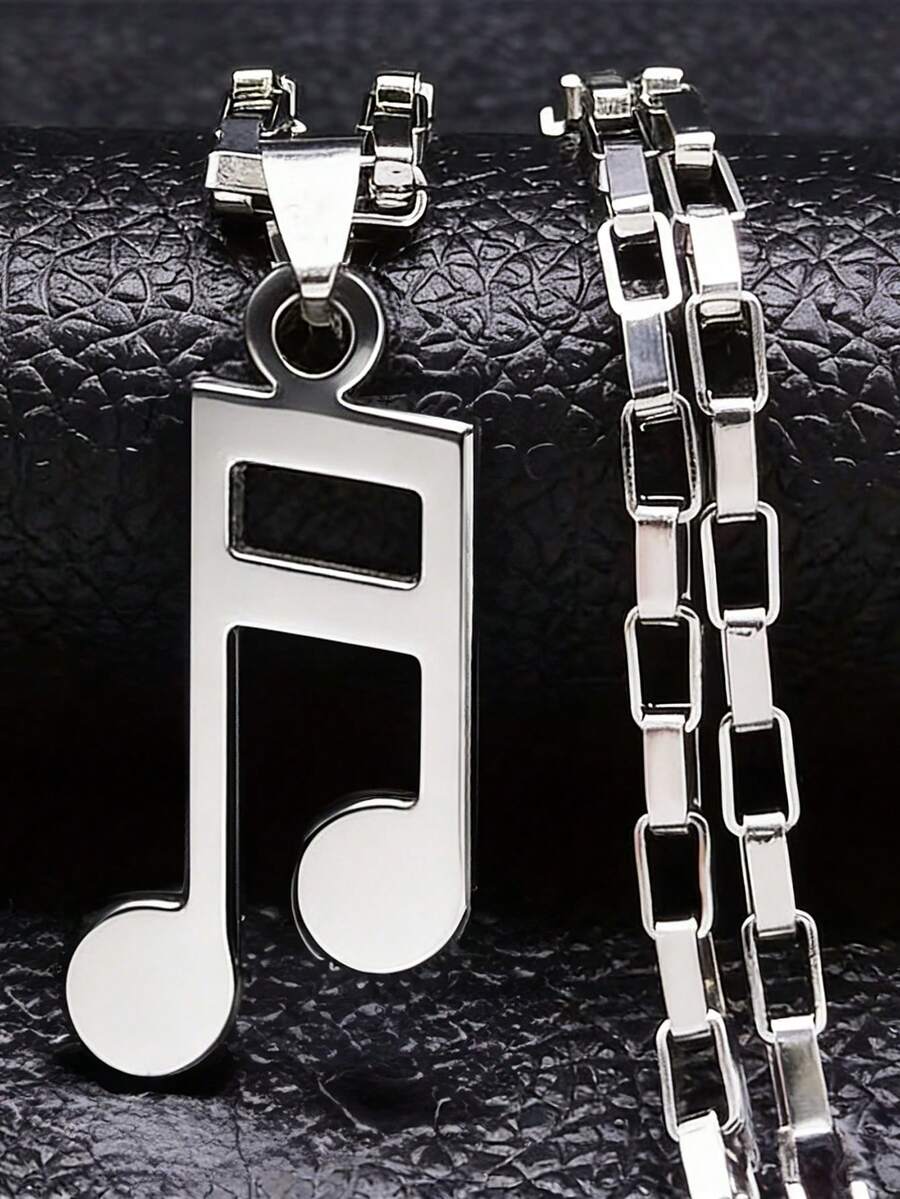 Punk Rock Stainless Steel Silver Music Necklace With Hollow Music Note Pendant, Suitable As Gift For Boyfriend, Music Lover, Daily Wear - Silver-03 - View 1