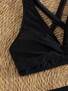 女士夏季新款纯色V领交叉系带开衩比基尼泳衣