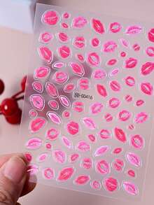 2片装5D情人节粉色嘴唇吻痕美甲贴纸，2片装可爱嘴唇美甲贴花，5D性感嘴唇自粘美甲设计，适合女性/女孩情人节美甲装饰美甲用品 - 彩色 - 查看 6