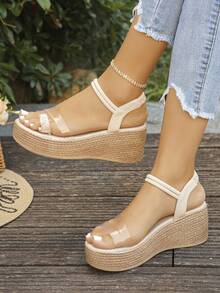 1 đôi sandal đế cao mùa hè dành cho tuổi teen, quai trong suốt, kiểu dáng slip-on, sandal đi biển thời trang tối giản, nhẹ nhàng, đa năng với đế dày. - Trong suốt - Xem 2