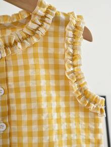 2pcs/Set Young Girl's Fashionable Floral Trim Plaid Vest And Pants Set, Summer - Yellow - View 4