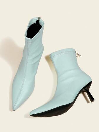 7cm High Heel Blue Ankle Boots & Short Boots, Comfortable & Fashionable Pointed Toe Slim Fit Elastic Boots For Women
