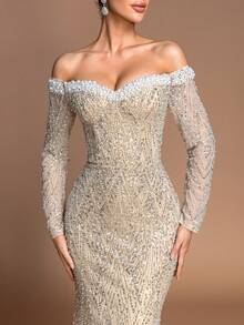 Elegant Women's Sparkling Beaded Off-Shoulder Mermaid Long Sleeve Dress, Fitted Long Shoulder-Revealing Gown With Pearl Embellishment, High-End Evening Gown For Wedding, Business, Party - 香檳色 - 查看 7