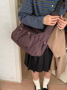 新款格子抽绳云朵褶皱单肩包/斜挎包，女士大容量，宽肩带，拉链封口，双口袋，抽绳设计 - 咖啡 - 查看 7