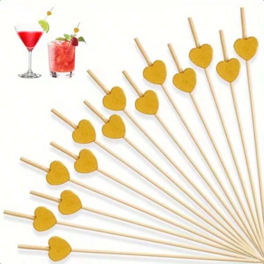 10/20/30/50/100/200pcs Bamboo Appetizer Toothpicks, Bamboo Barbecue Skewers, Heart-Shaped Food Clips, Chrome Gold Chicken Love Skewers, 4.7" Fruit Picks, Elegant Serving For Home, Restaurant, Buffet, Party, Cheese & Charcuterie Platters - Gold - View 1