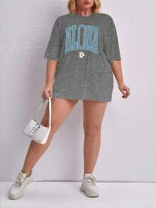 Oversized Printed Aloha Flower T-Shirt, Summer/Spring Short Sleeve Blouse, Lightweight Gym Wear - Grey - View 4