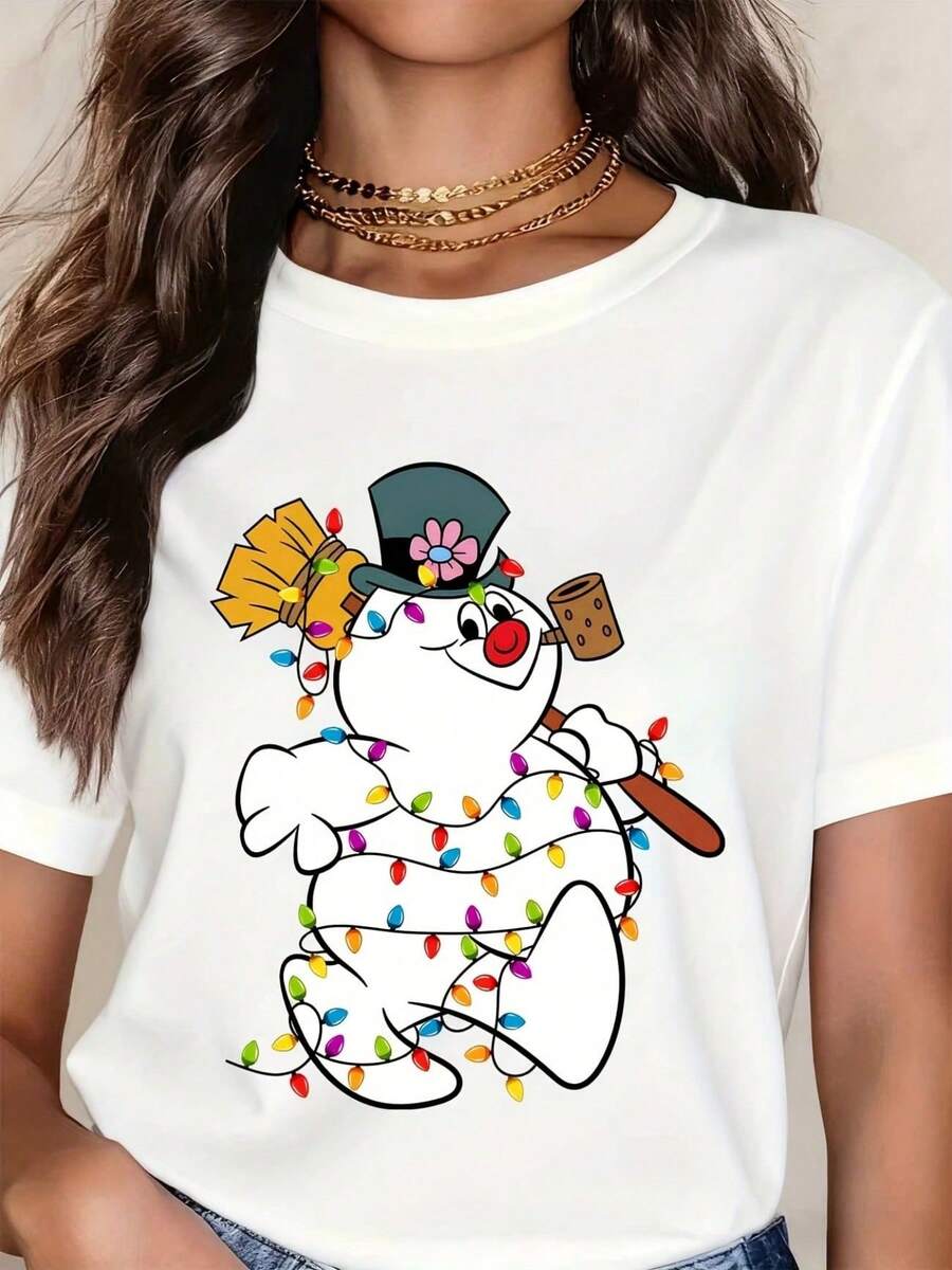 Frozen Snowman With Christmas Lights And Top Hat T-Shirt Womens Casual Cartoon Holiday Graphic Tee White Short Sleeve Su - 白色 - 查看 1