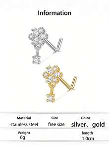 1 Stück eleganter, zierlicher L-förmiger Nasenring-Stecker aus Edelstahl in Gold-/Silberton mit AAA+ CZ Blumen- und Tropfendesign für Damen - ideal für den täglichen Gebrauch und Partys - Gold + Silber - Übersicht 9