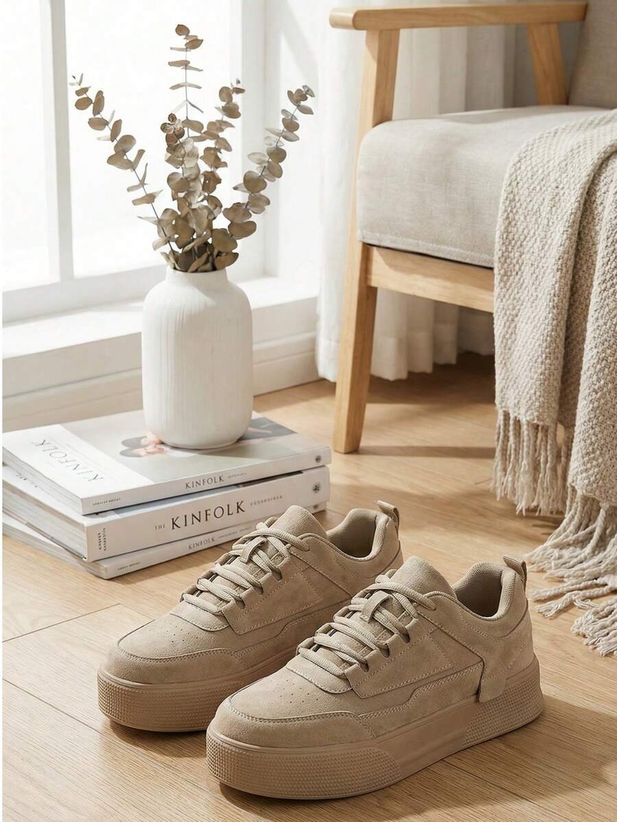 Men's Casual Vintage Solid Color Patchwork Lace-Up Round Toe Low-Top Sneakers, Fashionable Personalized Outdoor Versatile Daily Commute Couple Sports Shoes