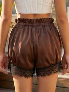 Women Shorts, Elastic Waist Lace Trim Summer Casual Shorts Streetwear For Casual Daily - màu nâu - Xem 6